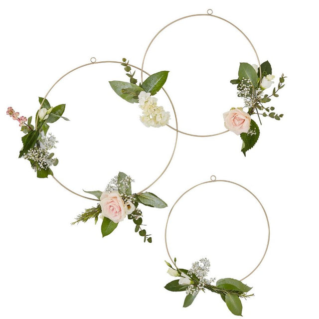 Set of 3 gold wedding floral hoops in 12", 14", and 16" for elegant floral arrangements and decor.