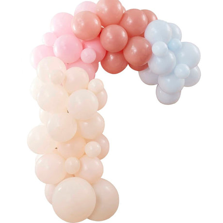 Pastel balloon arch kit with 75 latex balloons in peach, pink, and blue for vibrant celebration backdrops.