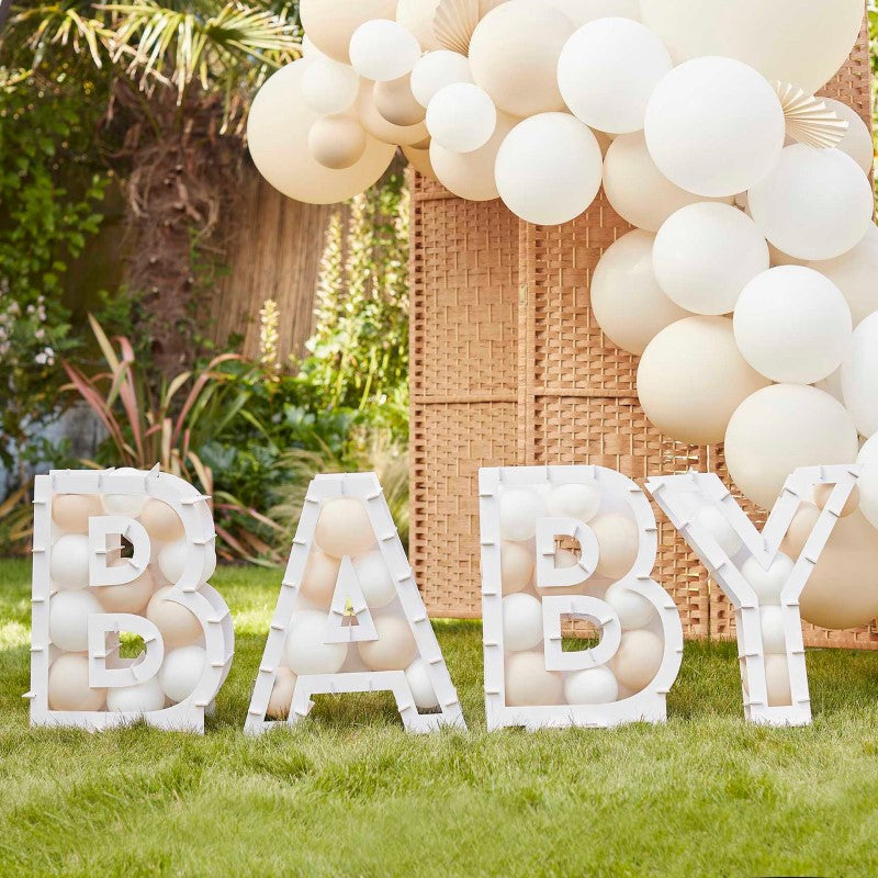 Hello Baby Balloon Mosaic Stand featuring vibrant letters B-A-B-Y, perfect for baby showers and memorable photo ops.
