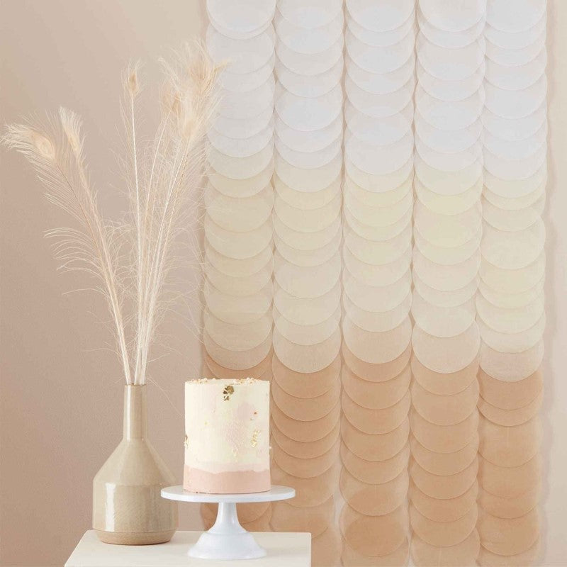 Neutral ombre tissue paper disc backdrop, 1.8m tall, featuring 18 cascading discs for elegant party decor.