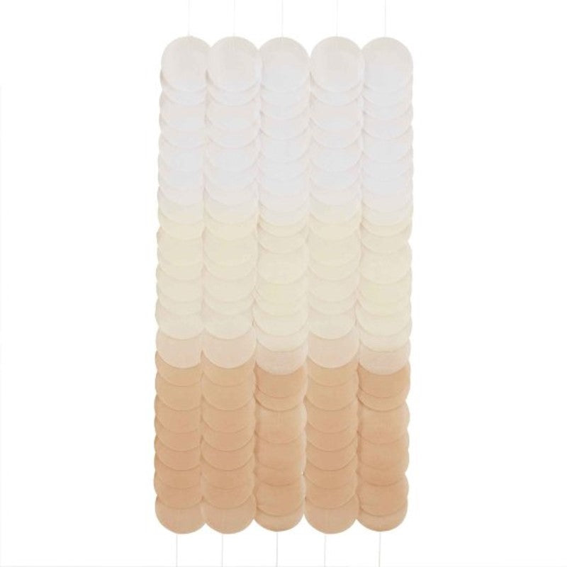 Neutral ombre tissue paper disc backdrop, 1.8m tall, 18 strands, perfect for elegant events and photo opportunities.