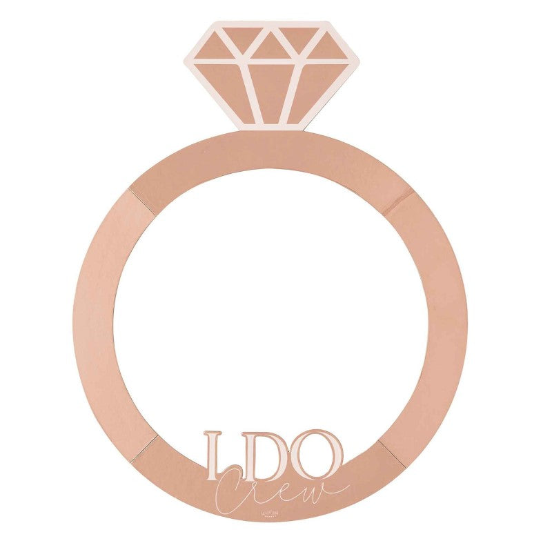 Rose gold ring photo booth frame for hen party, 59cm W x 74cm H, perfect for fun group photos and memorable moments.