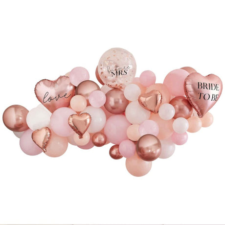 Elegant pink, white, peach, and rose gold balloon arch kit for hens parties, featuring 80 high-quality balloons and decor.