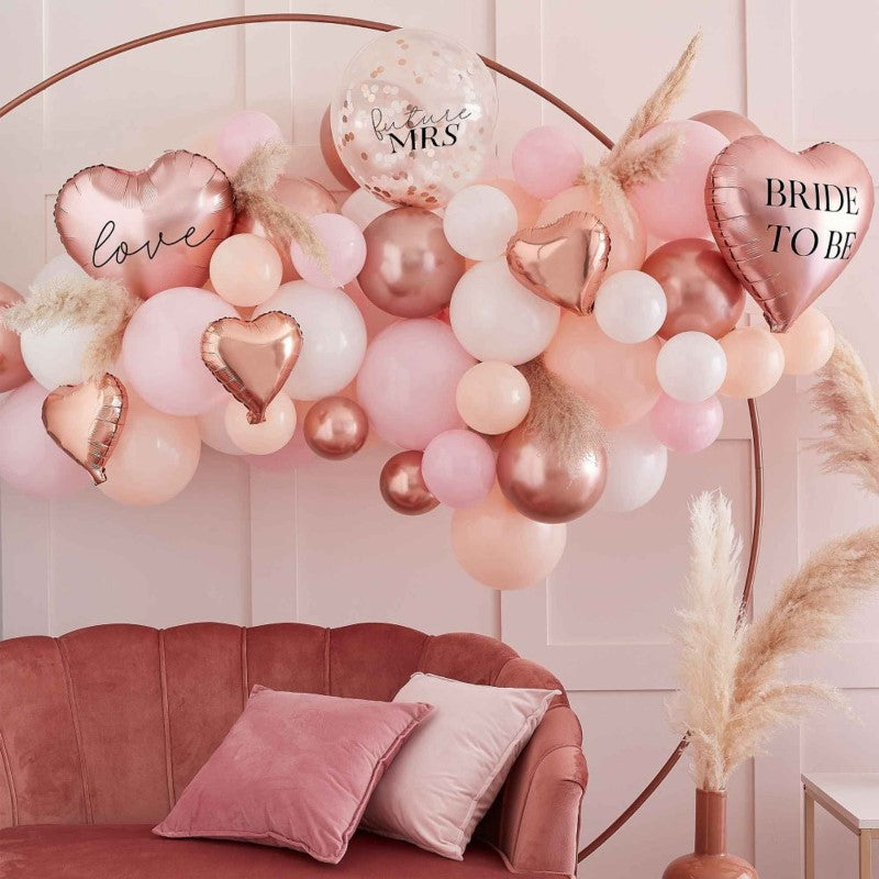 Elegant Pink, White, Peach, and Rose Gold balloon arch kit for hens parties, featuring 80 high-quality latex and foil balloons.
