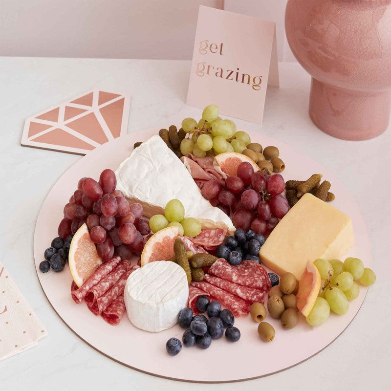 Rose gold and pink engagement ring grazing board kit, perfect for stylishly serving treats at celebrations, 50cm H x 39cm W.