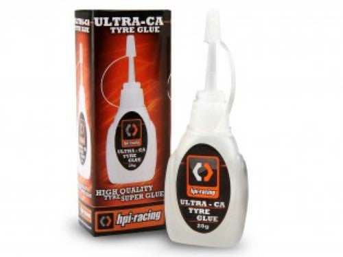 HPI Racing Ultra-CA Tyre Glue in a 20g bottle, ideal for securing RC tyres with a long nozzle for precise application.