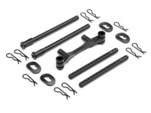 HPI Racing RS4 Body Mount Set (F&R) for durable, secure fit of RC car body shell, enhancing performance and stability.
