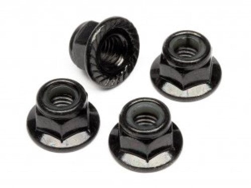 HPI Racing 5mm flanged lock nuts in a 4-pack, designed for secure fitting on RC vehicles like Savage trucks.