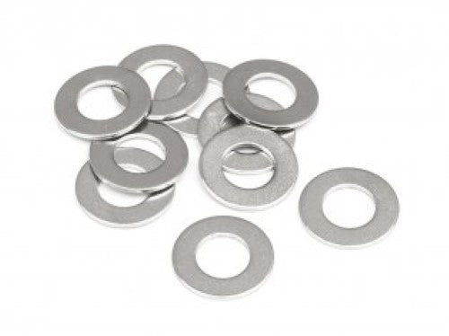 Ten M5x10.0.5 aluminum washers for secure fitting in HPI Racing radio-controlled vehicles, enhancing performance and durability.