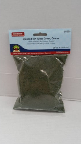 Moss green coarse blended turf for realistic model landscapes and dioramas, enhancing train layouts and miniature scenes.