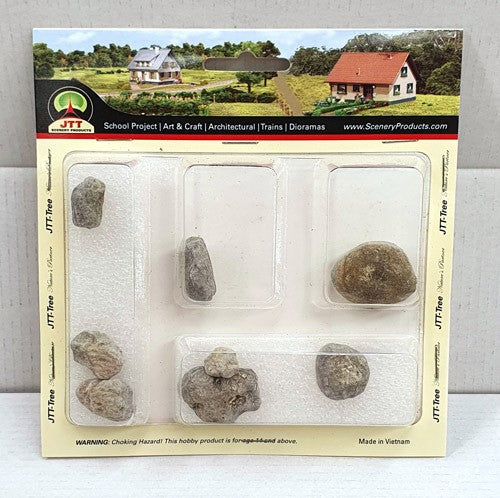 Eight realistic boulders to enhance model landscapes with natural textures and colors, perfect for dioramas and train sets.