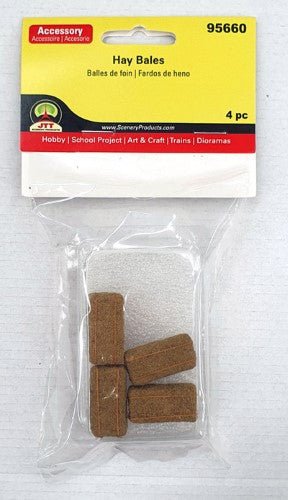 Four detailed rectangular hay bales perfect for enhancing model landscapes and rural scenes in dioramas or train sets.