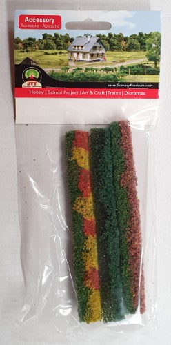 Three vibrant flowering hedges for model landscapes, enhancing dioramas with realistic blooms and color.