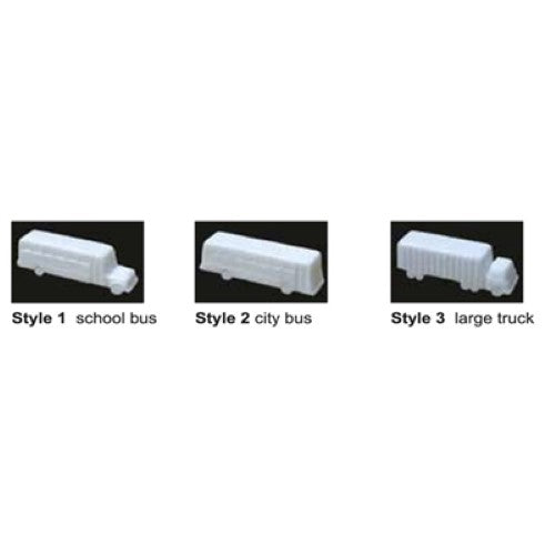 Three detailed white buses and trucks at 1:100 scale, enhancing model railway and diorama displays.