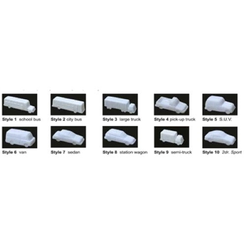 Set of 7 detailed white 1/100 scale vehicles for enhancing model scenery and dioramas.