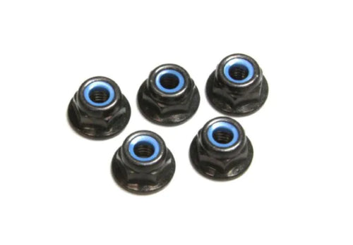 Pack of 5 Kyosho M4x5.6 flanged nylock nuts for secure RC vehicle assembly, preventing loosening during vibration.