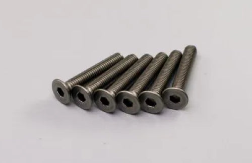 Six M3x18 flat head screws by Kyosho, designed for durability and precision in RC vehicle upgrades.