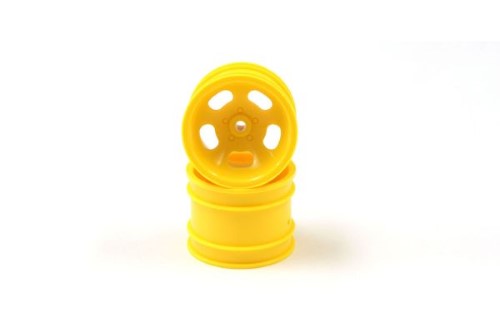 Vibrant yellow Beetle RR rims for Kyosho 2014 model, enhancing performance and style for RC car enthusiasts.