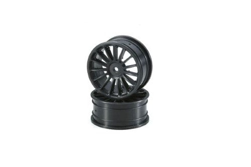 Kyosho 1/10 black 15-spoke wheels, 24mm, designed for improved handling and style in RC vehicles.