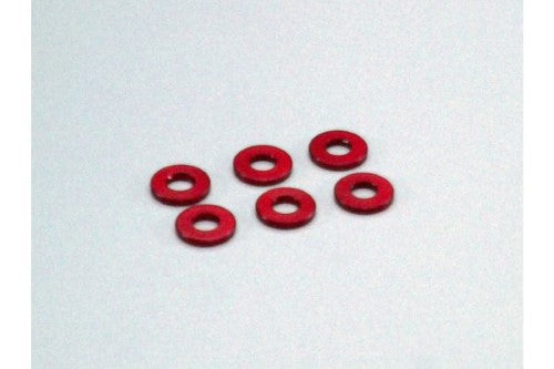 Red 1mm aluminum collars for RC vehicles, pack of 6, enhancing performance and durability during races.