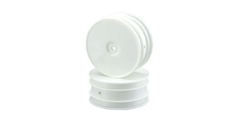 Kyosho 1/10 4WD front wheel in white, designed for superior handling and traction in high-speed RC racing, sold in pairs.