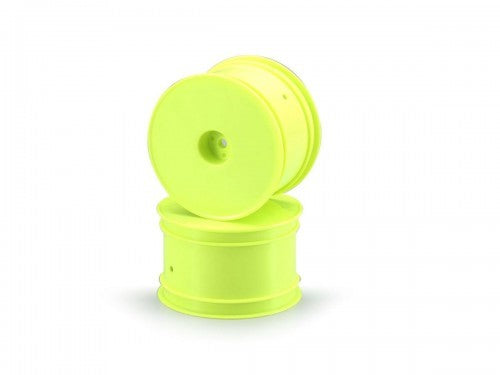Kyosho 1/10 4WD front wheel in vibrant yellow, size 56, designed for optimal grip and performance in RC racing.