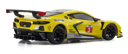 Kyosho MR-03 Corvette C8R in yellow, featuring rear-wheel drive and customizable controls, perfect for RC enthusiasts.