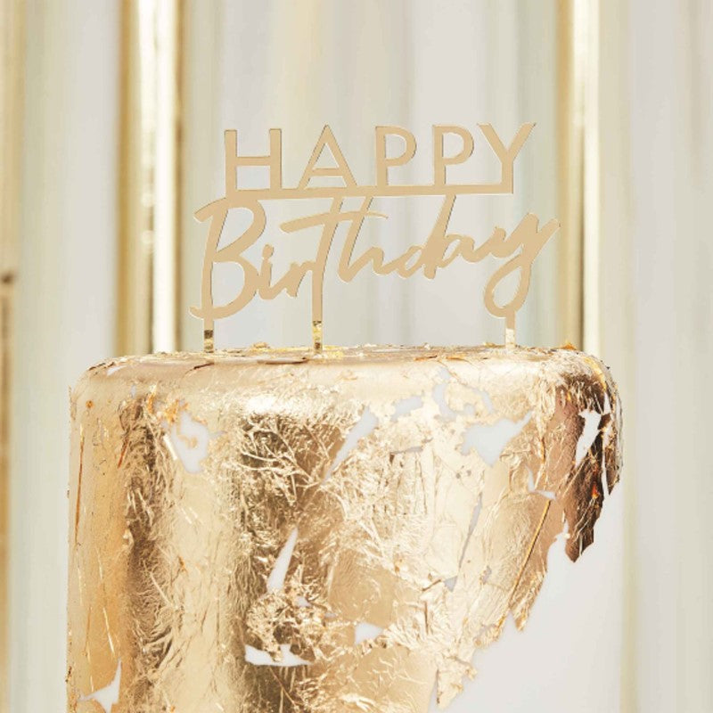 Gold acrylic birthday cake topper measuring 10cm x 12cm, perfect for elevating any birthday cake celebration.