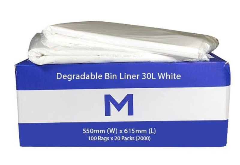 FP Degradable Bin Liner 30L - White, 550mm x 615mm x 11mu (Box of 2000)