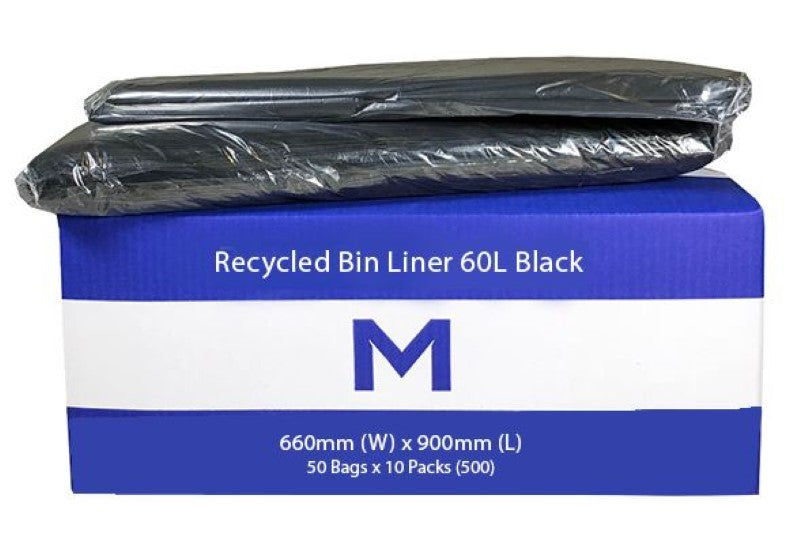 FP Recycled Bin Liner 60L - Black, 660mm x 900mm x 20mu (Box of 500)