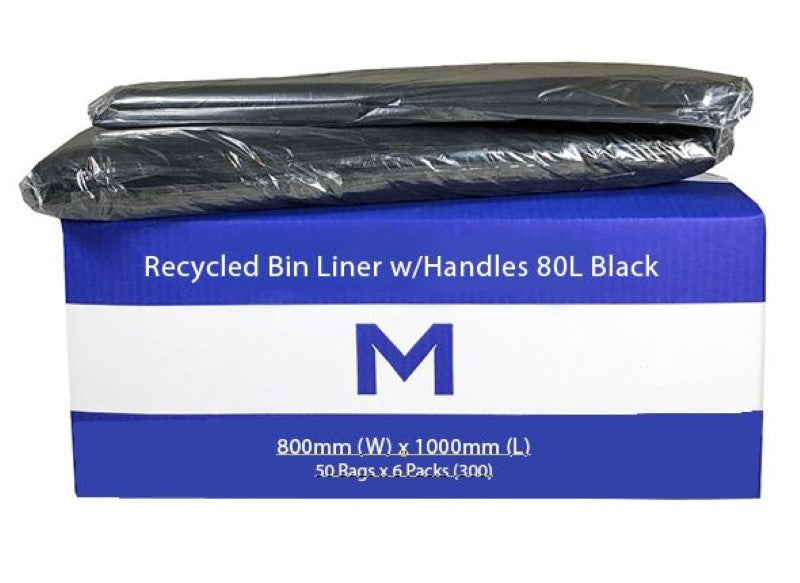 FP Recycled Bin Liner w/Handles 80L - Black, 800mm x 1000mm x 30mu (Box of 300)