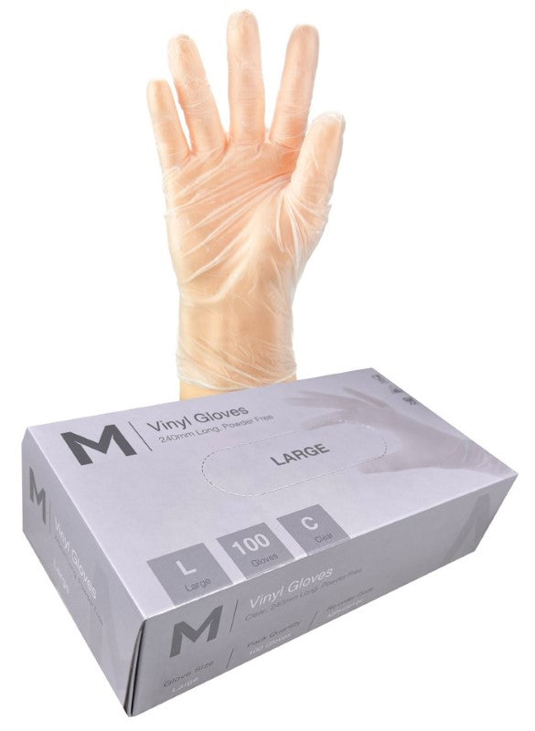 Vinyl Gloves Powder Free - Clear, L, 240mm Cuff, 5.0g (Box of 1000)