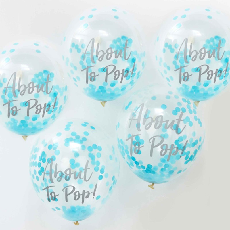 Pack of 5 blue confetti balloons with "About to Pop" for charming baby shower decor.