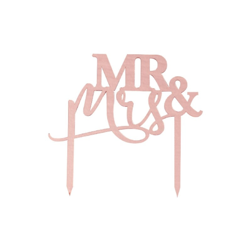 Rose gold acrylic 'Mr and Mrs' cake topper, 15cm x 16cm, elegant design perfect for weddings and photo props.
