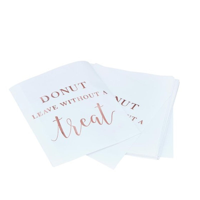 Elegant rose gold foiled treat bags with 'Donut Leave Without a Treat' for weddings, 20 pack, 17cm x 12cm size.