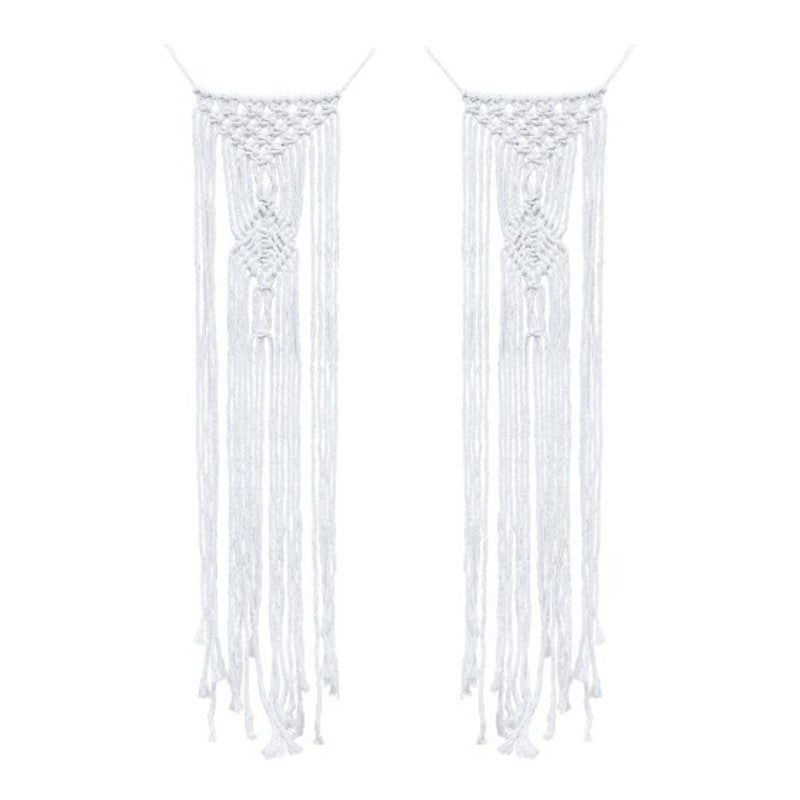 Elegant macrame chair decorations measuring 30cm x 65cm, perfect for boho-themed weddings and enhancing table decor.