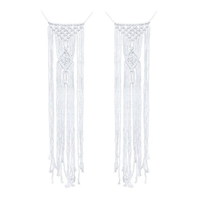 Elegant macrame chair decorations measuring 30cm x 65cm, perfect for boho-themed weddings and enhancing table decor.