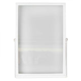 Elegant white metal and glass photo frame, ideal for displaying memories and table numbers at weddings.
