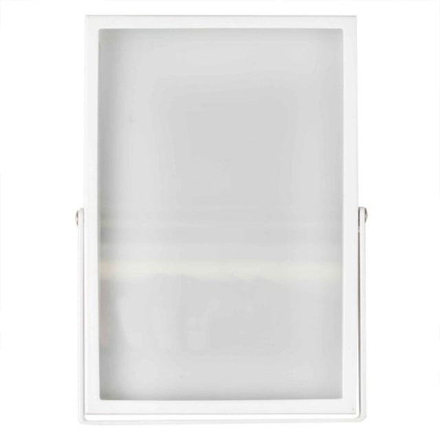 Elegant white metal and glass photo frame, ideal for displaying memories and table numbers at weddings.