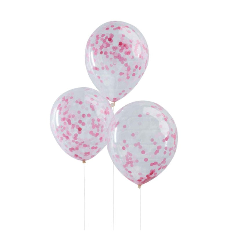 Pack of 5 pink confetti balloons, 12 inches, perfect for celebrations like birthdays and baby showers.