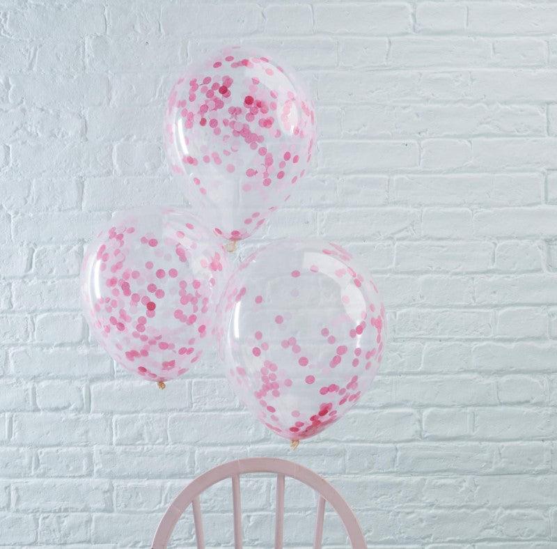 Pack of 5 pink confetti balloons, 12 inches, perfect for celebrations like birthdays and baby showers.