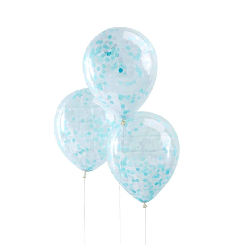 Pack of 5 blue confetti balloons, 12 inches, perfect for celebrations like birthdays and baby showers.