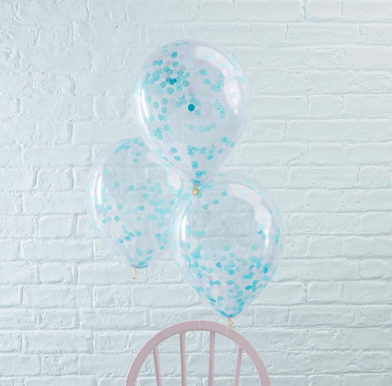 Pack of 5 blue confetti balloons, 12 inches, perfect for parties and baby showers, made from high-quality foil and latex.