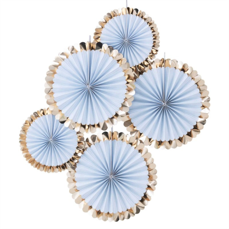 Elegant blue paper fan decorations with gold foiled scalloped edges, perfect for enhancing any celebration backdrop.