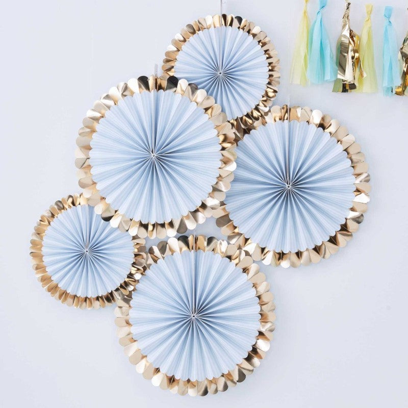 Elegant blue paper fan decorations with gold foiled scalloped edges, perfect for any celebration backdrop.