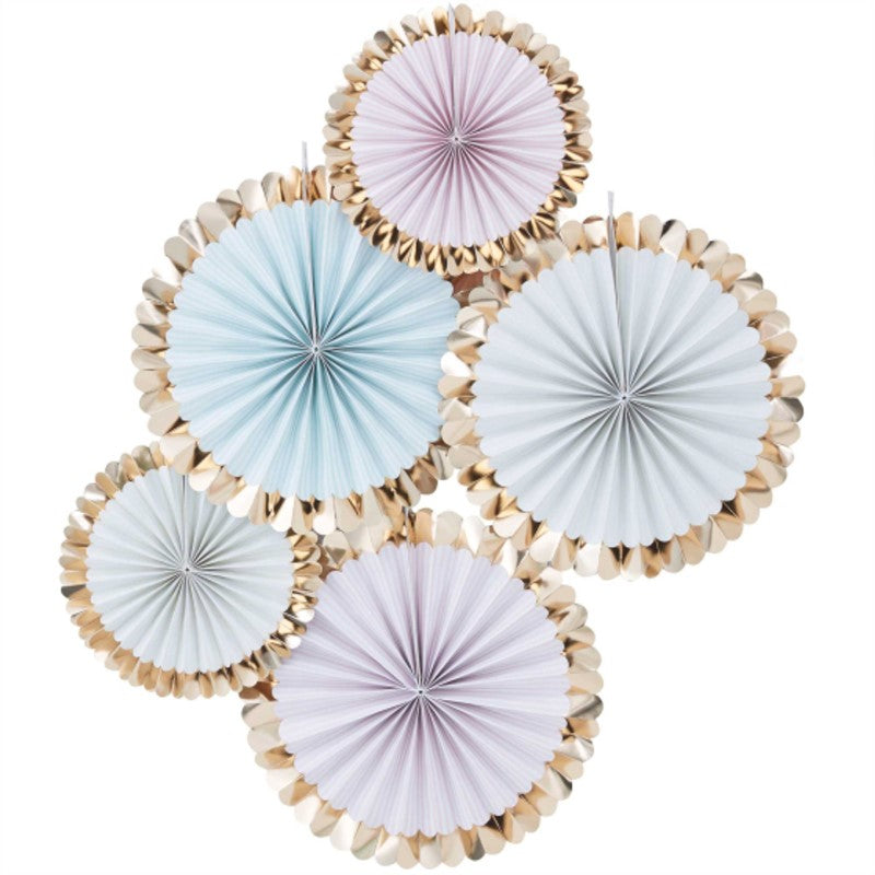 Pastel paper fan decorations pack featuring gold foiled scalloped edges, ideal for stylish party backdrops.