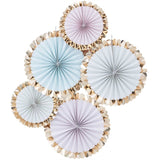 Pastel paper fan decorations pack featuring gold foiled scalloped edges, ideal for stylish party backdrops.