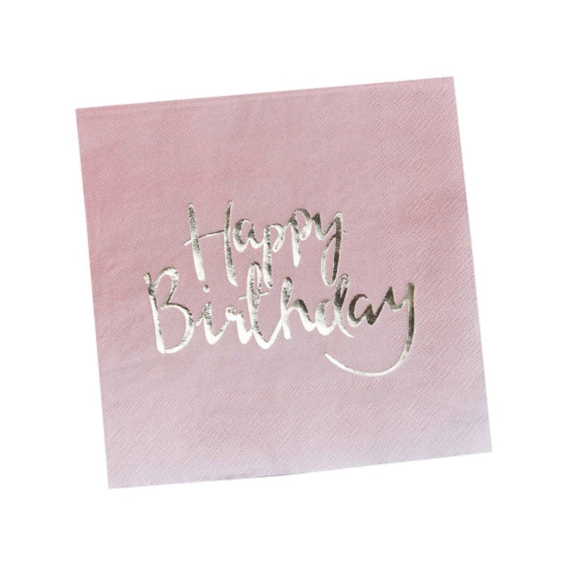 Pack of 20 gold foiled pink ombre napkins with 'Happy Birthday' inscription for elegant celebrations.