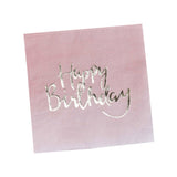 Pack of 20 gold foiled pink ombre napkins with 'Happy Birthday' inscription for elegant celebrations.