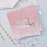 Pack of 20 gold foiled pink ombre 'Happy Birthday' napkins, perfect for elegant party decor and celebrations.